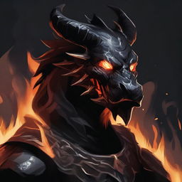 Illustrate a DnD Dragonborn with black scales and flames leaking from its mouth