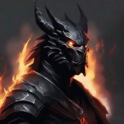 Illustrate a DnD Dragonborn with black scales and flames leaking from its mouth