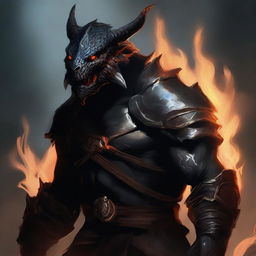 Illustrate a DnD Dragonborn with black scales and flames leaking from its mouth