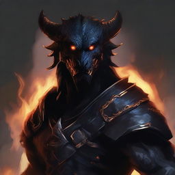 Illustrate a DnD Dragonborn with black scales and flames leaking from its mouth