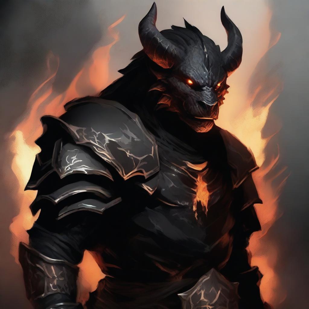 Illustrate a DnD Dragonborn with black scales and flames leaking from its mouth