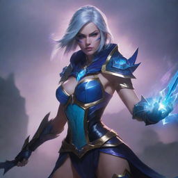 Camille from League of Legends in her distinctive attire, holding her crystalline blades, ready for battle. The background is filled with misty energy effects under the twilight.
