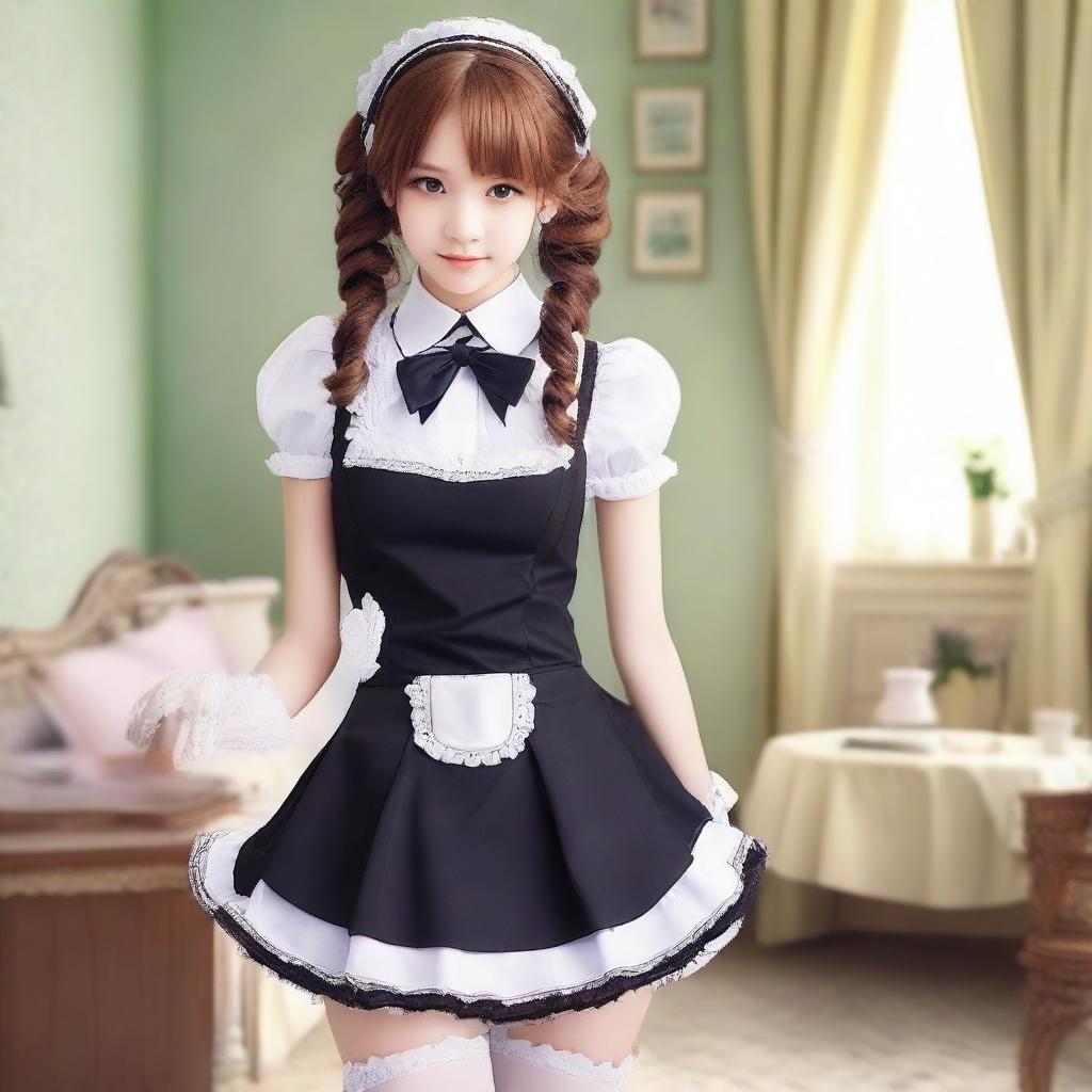 Create an image featuring a character in a French maid uniform, a school uniform, and a latex outfit