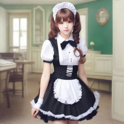 Create an image featuring a character in a French maid uniform, a school uniform, and a latex outfit