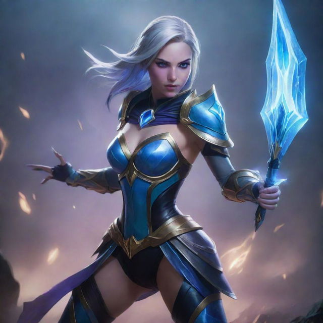 Camille from League of Legends in her distinctive attire, holding her crystalline blades, ready for battle. The background is filled with misty energy effects under the twilight.