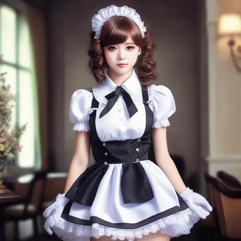 Create an image featuring a character in a French maid uniform, a school uniform, and a latex outfit