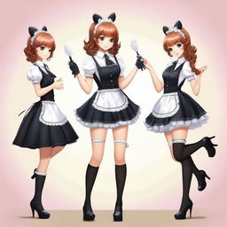 Create an image featuring a character in a French maid uniform, a school uniform, and a latex outfit