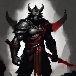 Illustrate an abstract Dragonborn Barbarian with black scales and hints of red tattoos