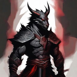 Illustrate an abstract Dragonborn Barbarian with black scales and hints of red tattoos