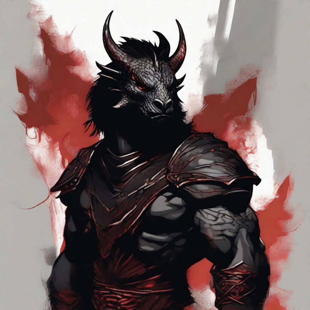 Illustrate an abstract Dragonborn Barbarian with black scales and hints of red tattoos