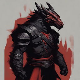 Illustrate an abstract Dragonborn Barbarian with black scales and hints of red tattoos