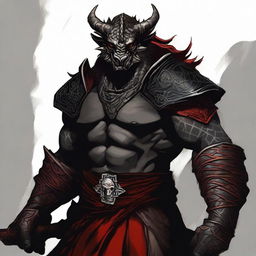 Illustrate an abstract Dragonborn Barbarian with black scales and hints of red tattoos