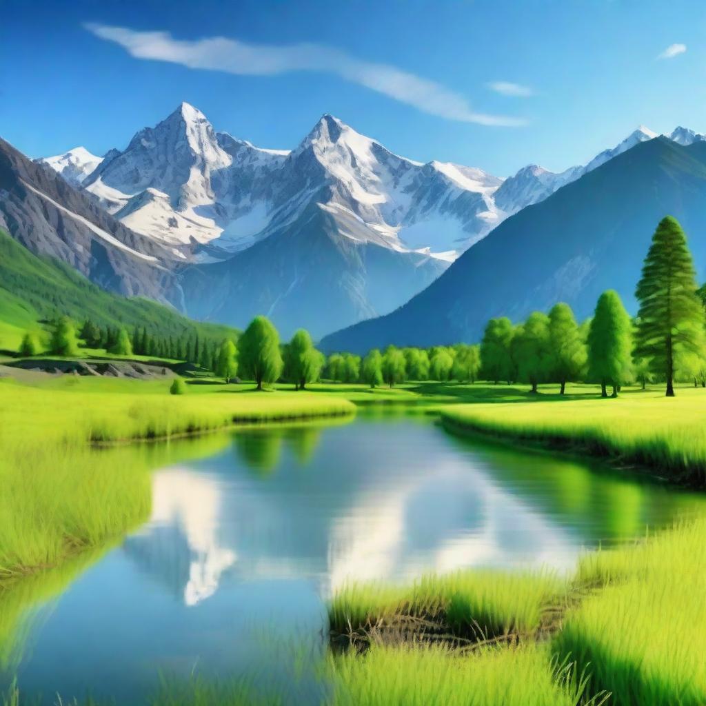 A serene landscape featuring a clear blue sky, lush green meadows, and a calm river flowing through the scene