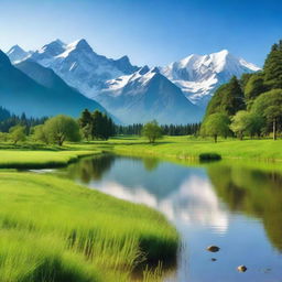 A serene landscape featuring a clear blue sky, lush green meadows, and a calm river flowing through the scene