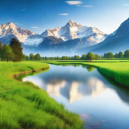 A serene landscape featuring a clear blue sky, lush green meadows, and a calm river flowing through the scene