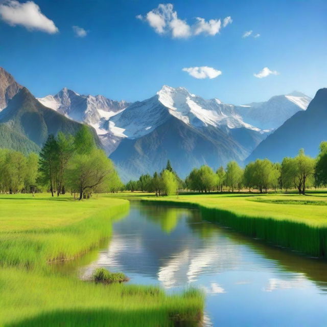 A serene landscape featuring a clear blue sky, lush green meadows, and a calm river flowing through the scene