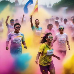 A vibrant and energetic scene of a Colour Run event celebrating Merdeka Day