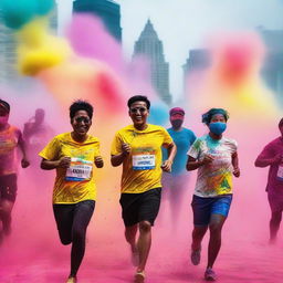 A vibrant and energetic scene of a Colour Run event celebrating Merdeka Day