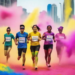 A vibrant and energetic scene of a Colour Run event celebrating Merdeka Day