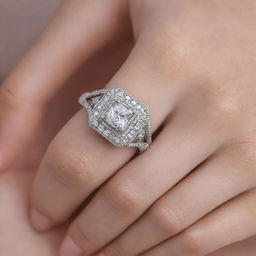 A silver engagement ring encrusted with diamonds, featuring a square centerpiece also filled with diamonds and engraved with 'R & J', displayed in the soft, graceful hand of a woman.