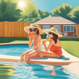 Create a cover image depicting a suburban backyard with a swimming pool, surrounded by a wooden fence