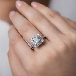 A silver engagement ring encrusted with diamonds, featuring a square centerpiece also filled with diamonds and engraved with 'R & J', displayed in the soft, graceful hand of a woman.