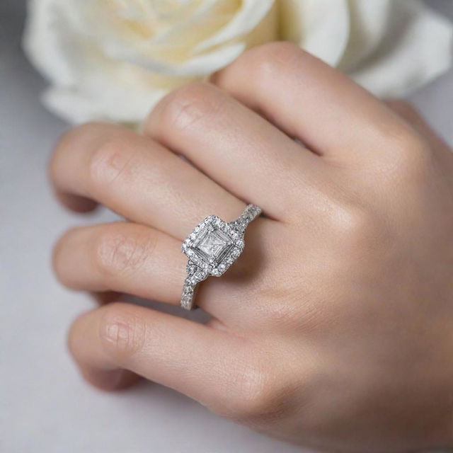 A silver engagement ring encrusted with diamonds, featuring a square centerpiece also filled with diamonds and engraved with 'R & J', displayed in the soft, graceful hand of a woman.