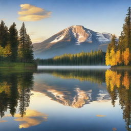 Create a serene landscape featuring a tranquil lake surrounded by lush, rolling hills and a dense forest