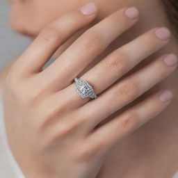 A silver engagement ring encrusted with diamonds, featuring a square centerpiece also filled with diamonds and engraved with 'R & J', displayed in the soft, graceful hand of a woman.