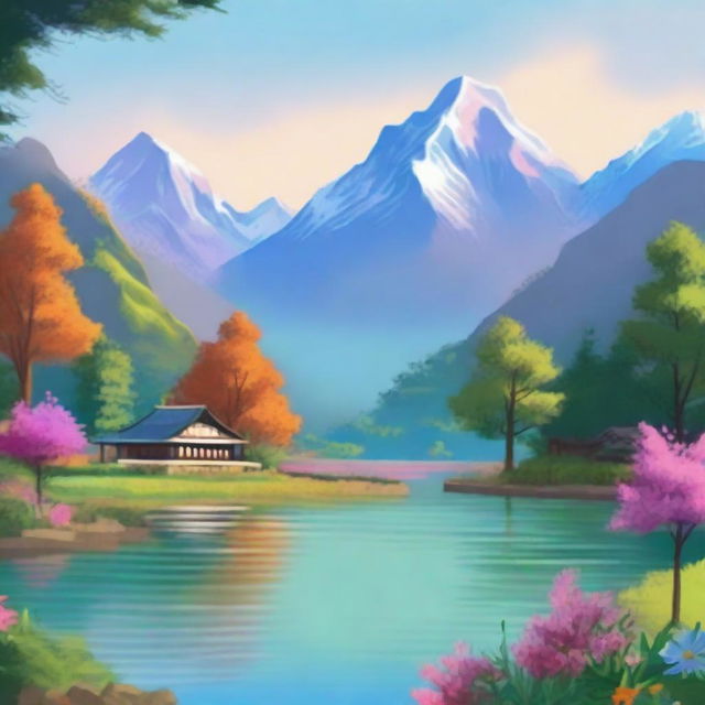 Create a serene Nepalese landscape with a tranquil lake, lush terraced hills, and dense forest