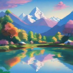 Create a serene Nepalese landscape with a tranquil lake, lush terraced hills, and dense forest