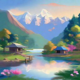 Create a serene Nepalese landscape with a tranquil lake, lush terraced hills, and dense forest