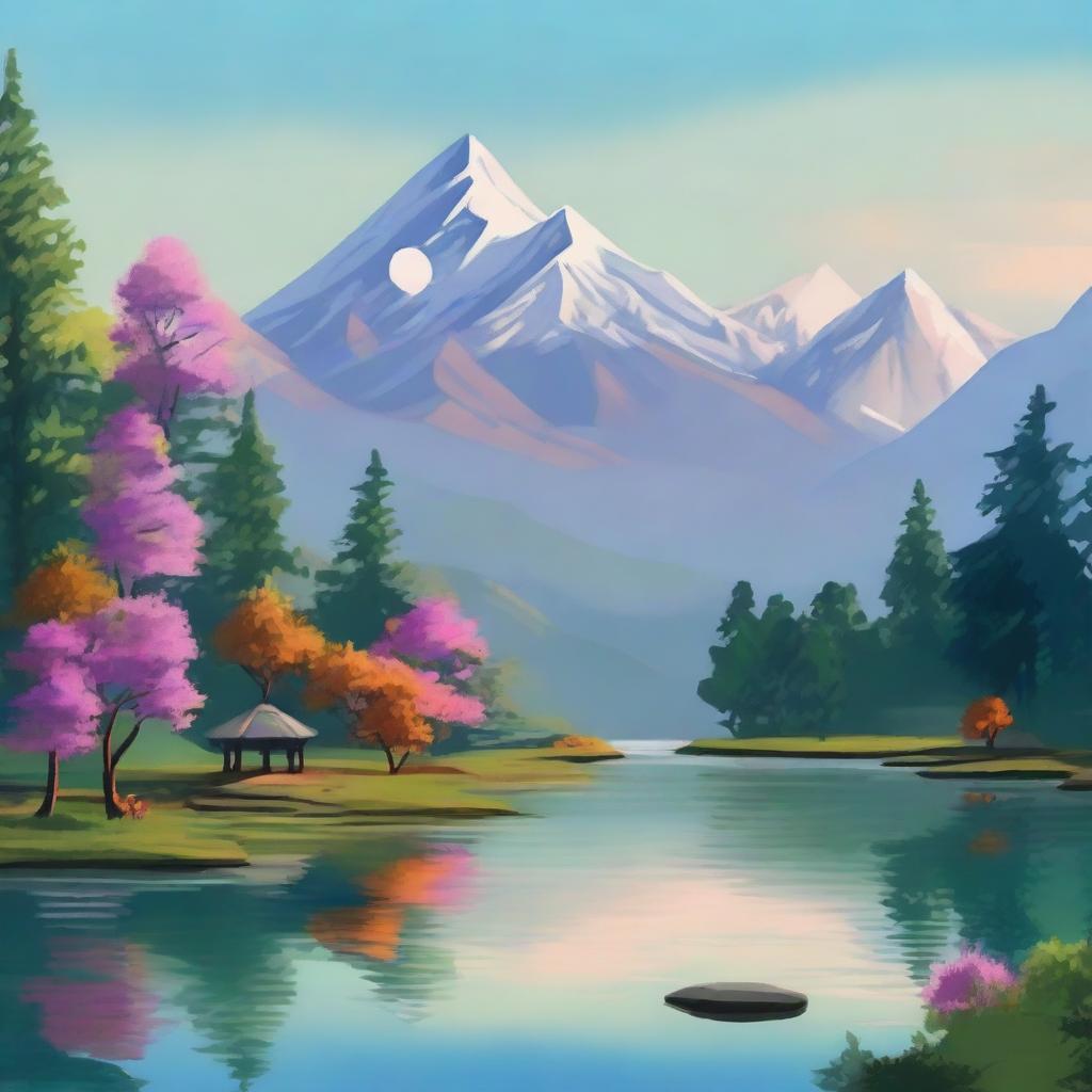 Create a serene Nepalese landscape with a tranquil lake, lush terraced hills, and dense forest