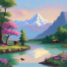 Create a serene Nepalese landscape with a tranquil lake, lush terraced hills, and dense forest