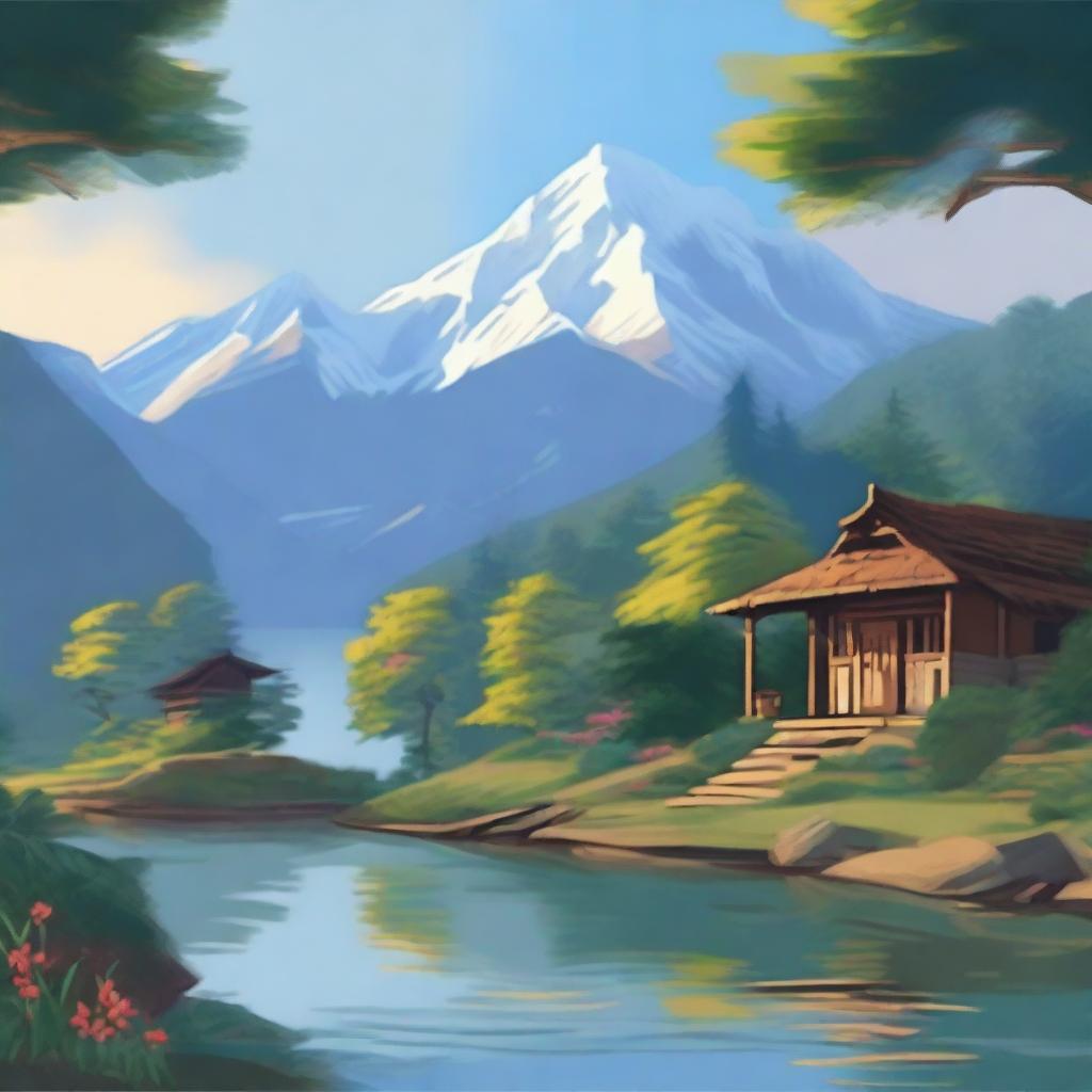 Create a serene Nepalese landscape with a tranquil lake, lush terraced hills, and dense forest