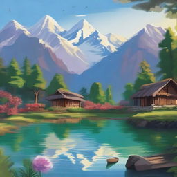 Create a serene Nepalese landscape with a tranquil lake, lush terraced hills, and dense forest