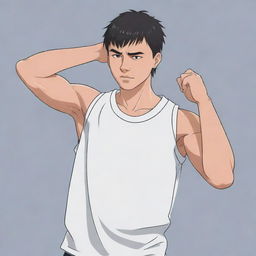 Illustration of a muscular cartoon anime boy in a half-sleeved basketball t-shirt, featuring a short mullet hairstyle. He is wiping sweat from his brow using his shirt, revealing a glimpse of his abs.