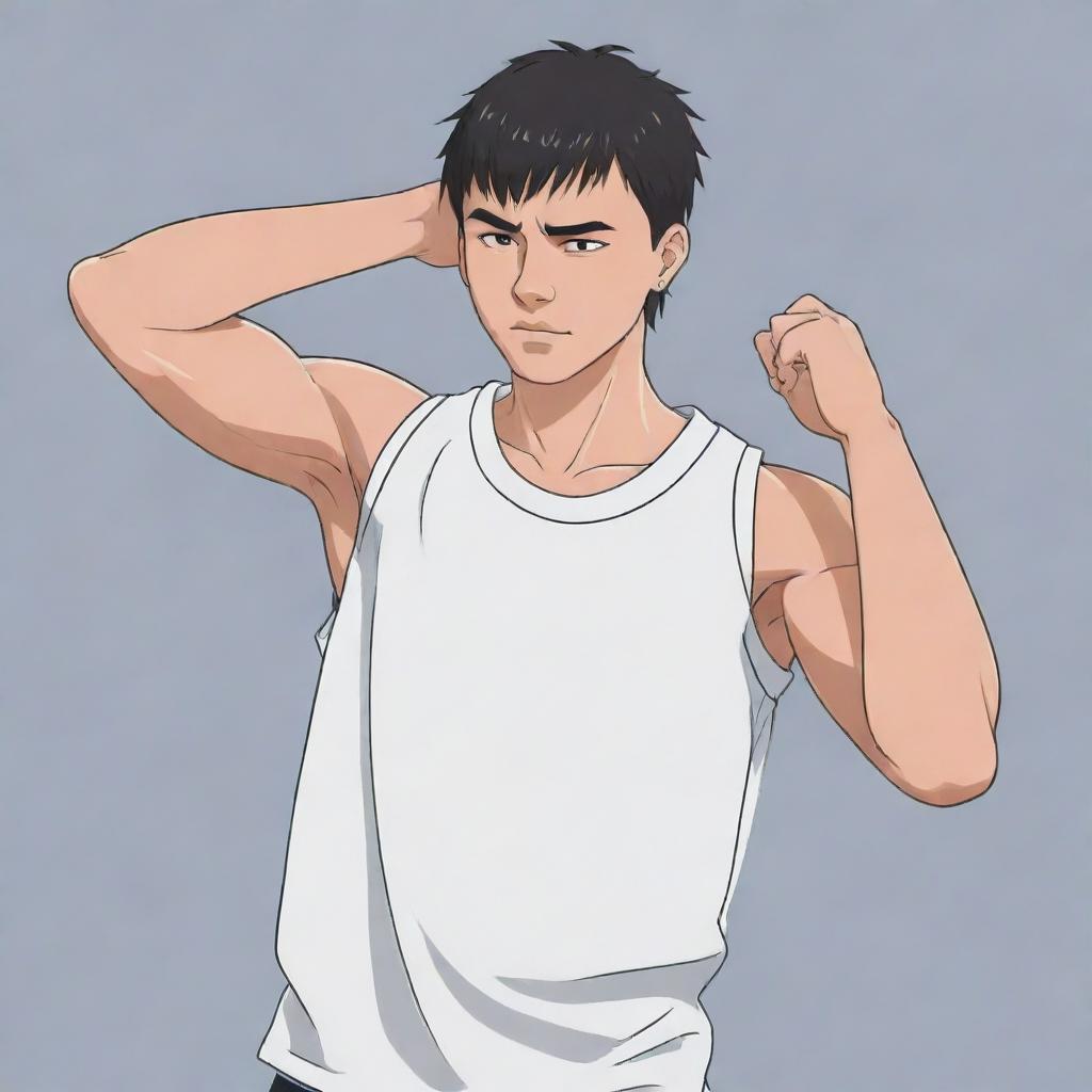 Illustration of a muscular cartoon anime boy in a half-sleeved basketball t-shirt, featuring a short mullet hairstyle. He is wiping sweat from his brow using his shirt, revealing a glimpse of his abs.