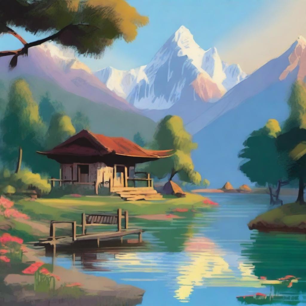 Create a serene Nepalese landscape with a tranquil lake, lush terraced hills, and dense forest