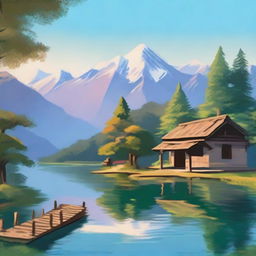 Create a serene Nepalese landscape with a tranquil lake, lush terraced hills, and dense forest