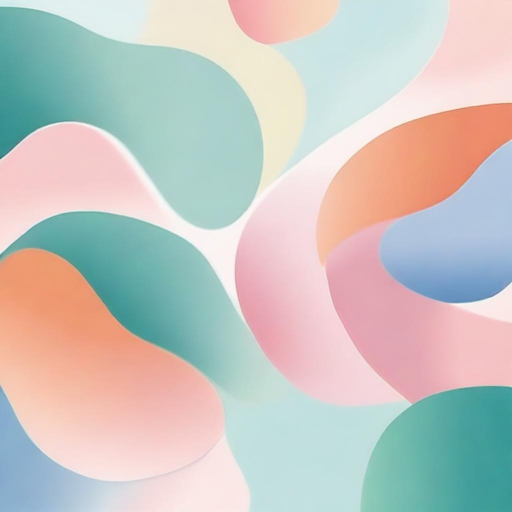 Create a calming and peaceful abstract art piece with soothing shapes and gentle curves, using soft blues, pastel pinks, warm oranges, and gentle greens