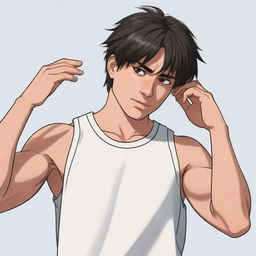 Illustration of a muscular cartoon anime boy in a half-sleeved basketball t-shirt, featuring a short mullet hairstyle. He is wiping sweat from his brow using his shirt, revealing a glimpse of his abs.