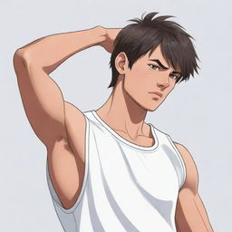 Illustration of a muscular cartoon anime boy in a half-sleeved basketball t-shirt, featuring a short mullet hairstyle. He is wiping sweat from his brow using his shirt, revealing a glimpse of his abs.