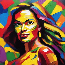 Create an 8k resolution oil painting in impasto pop art style featuring a beautiful Brazilian woman