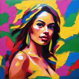 Create an 8k resolution oil painting in impasto pop art style featuring a beautiful Brazilian woman