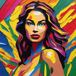 Create an 8k resolution oil painting in impasto pop art style featuring a beautiful Brazilian woman