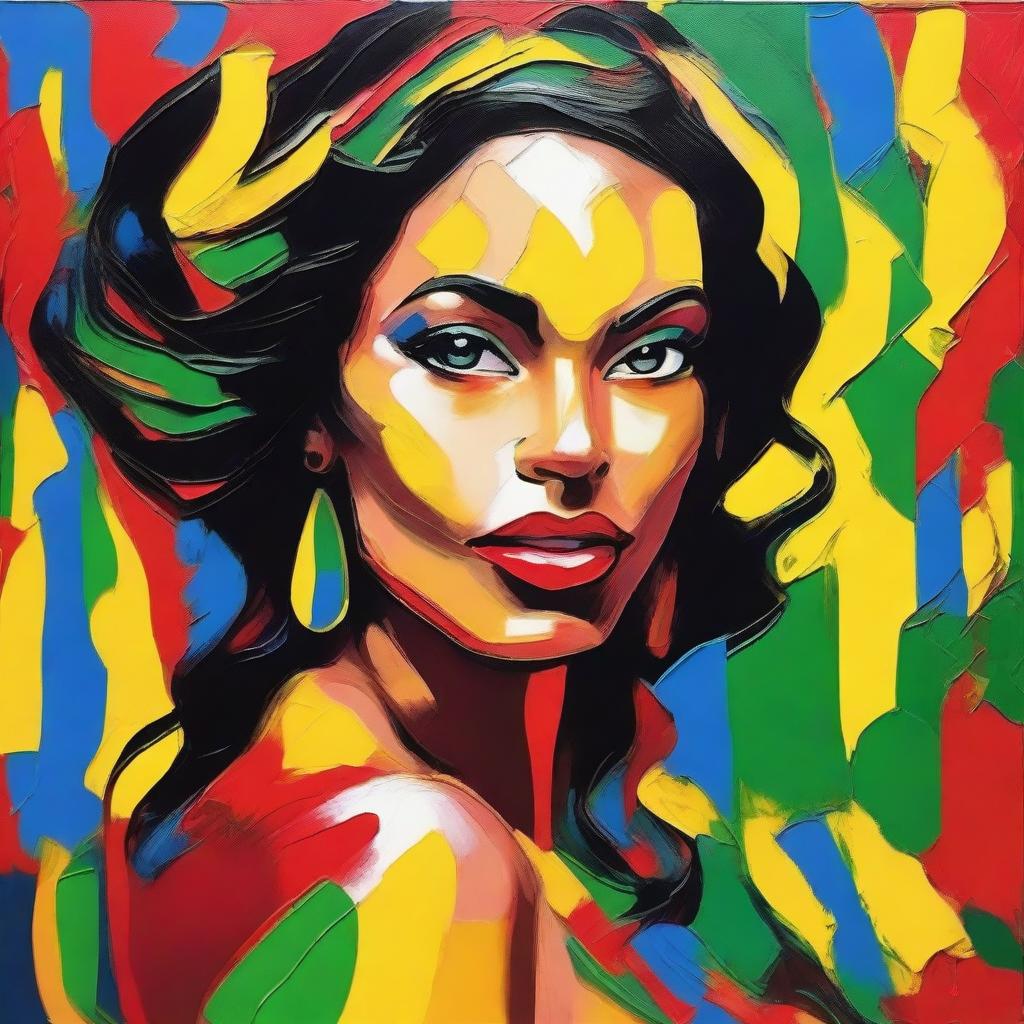 Create an 8k resolution oil painting in impasto pop art style featuring a beautiful Brazilian woman