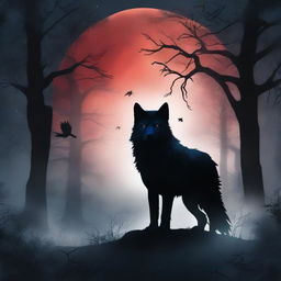 A captivating fantasy book cover featuring a wolf in a dark night forest, howling at the bloodred full moon