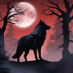 A captivating fantasy book cover featuring a wolf in a dark night forest, howling at the bloodred full moon