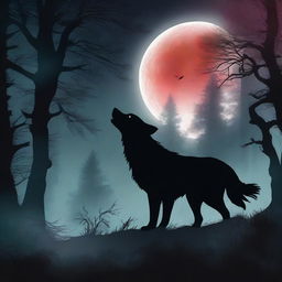 A captivating fantasy book cover featuring a wolf in a dark night forest, howling at the bloodred full moon